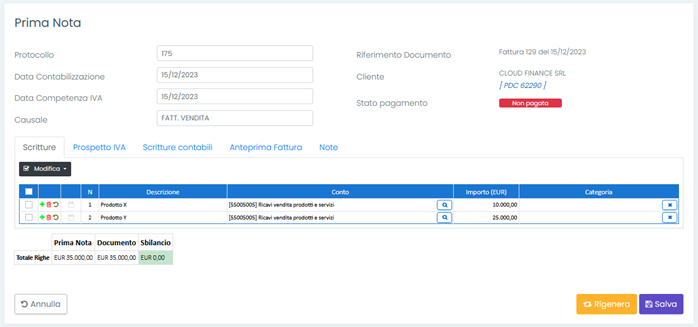 schermata del software BPilot per la rigenerazione della prima nota 